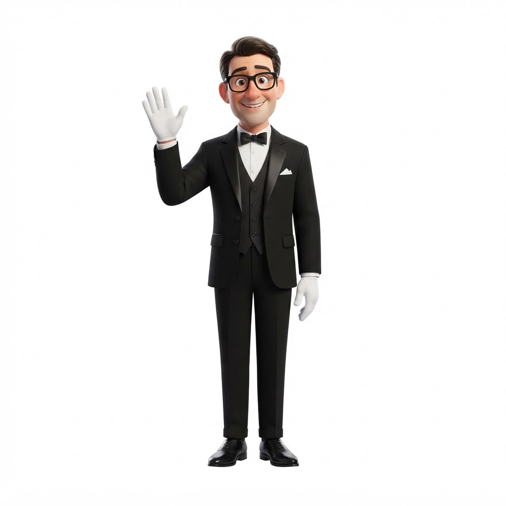 Alfred, seu mordomo pessoal, acenando um olá com trajes de gala
